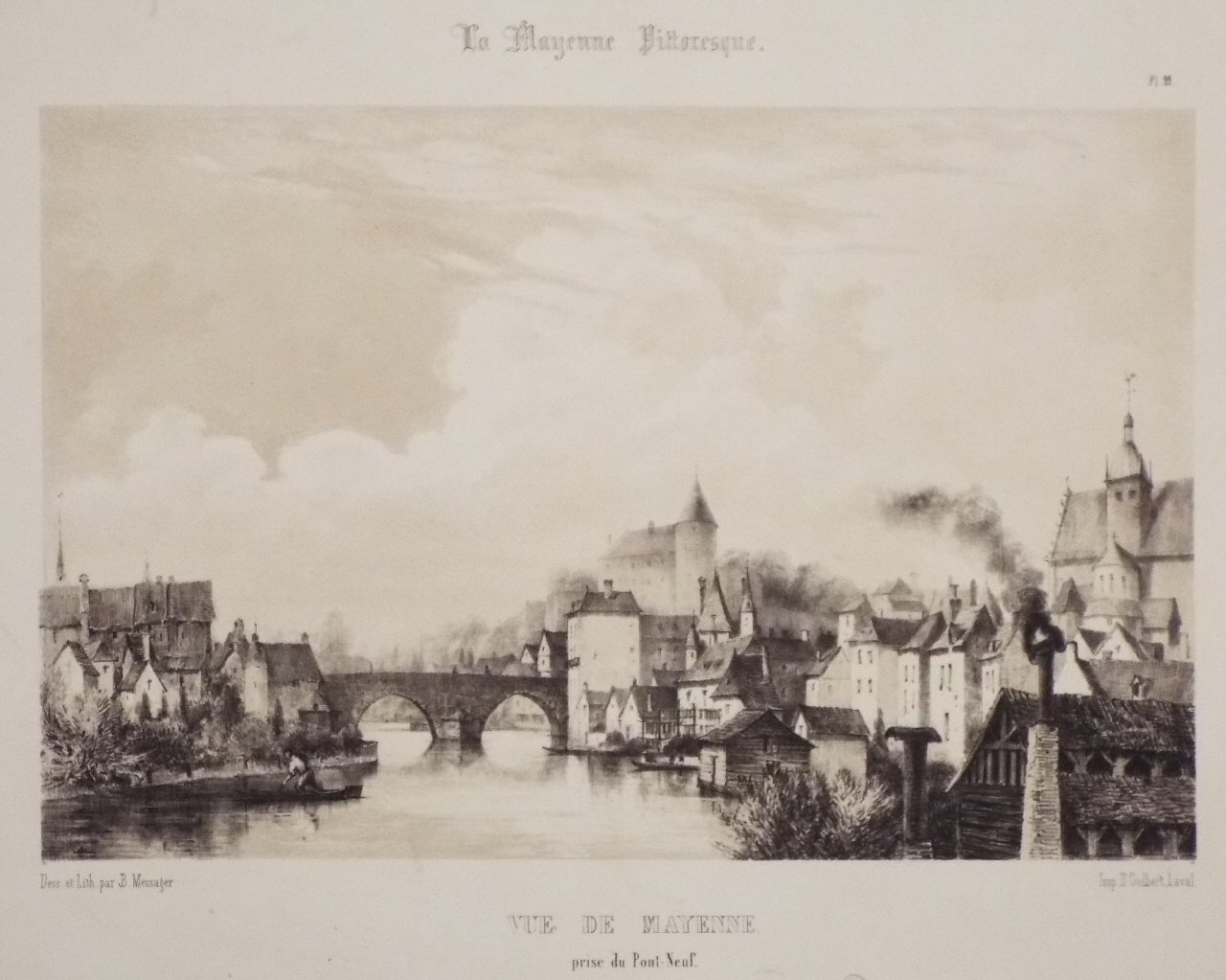 Lithograph - Vue de Mayenne prise du Pont-Neuf. - Messager